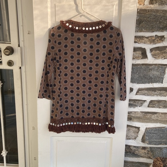 Tory Burch Brown tunic top with MIRROR CIRCLE TRIM AROUND NECK & Bottom size 2 - Picture 5 of 15